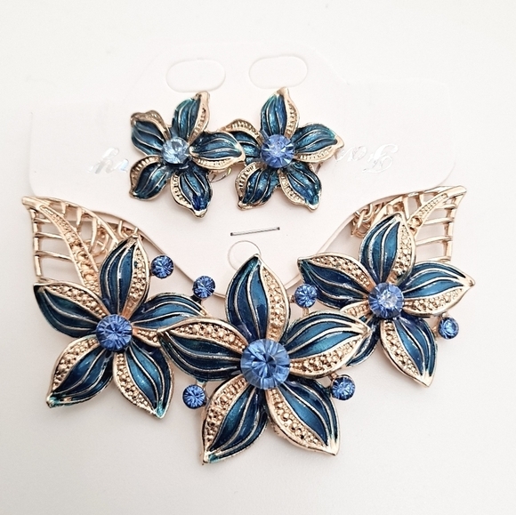 Gold Flower blue statement Necklace earrings jewelry set formal wedding 💖2/$30 - Picture 7 of 8
